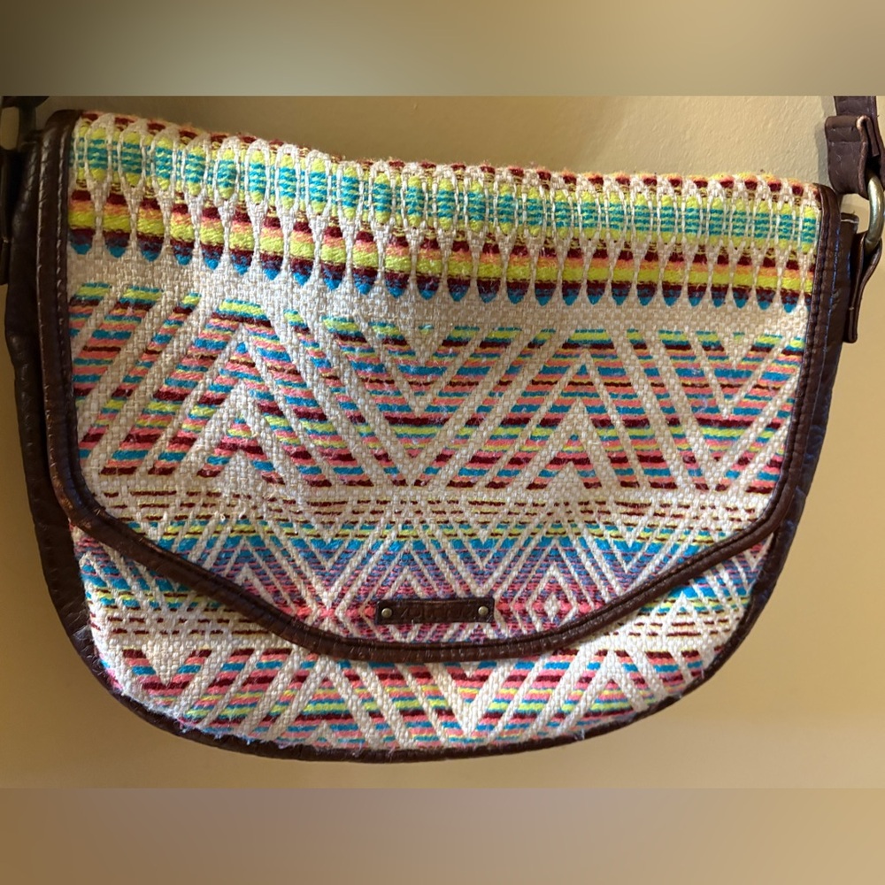 Volcom Multicolor Patterned crossbody bag with brown faux leather trim